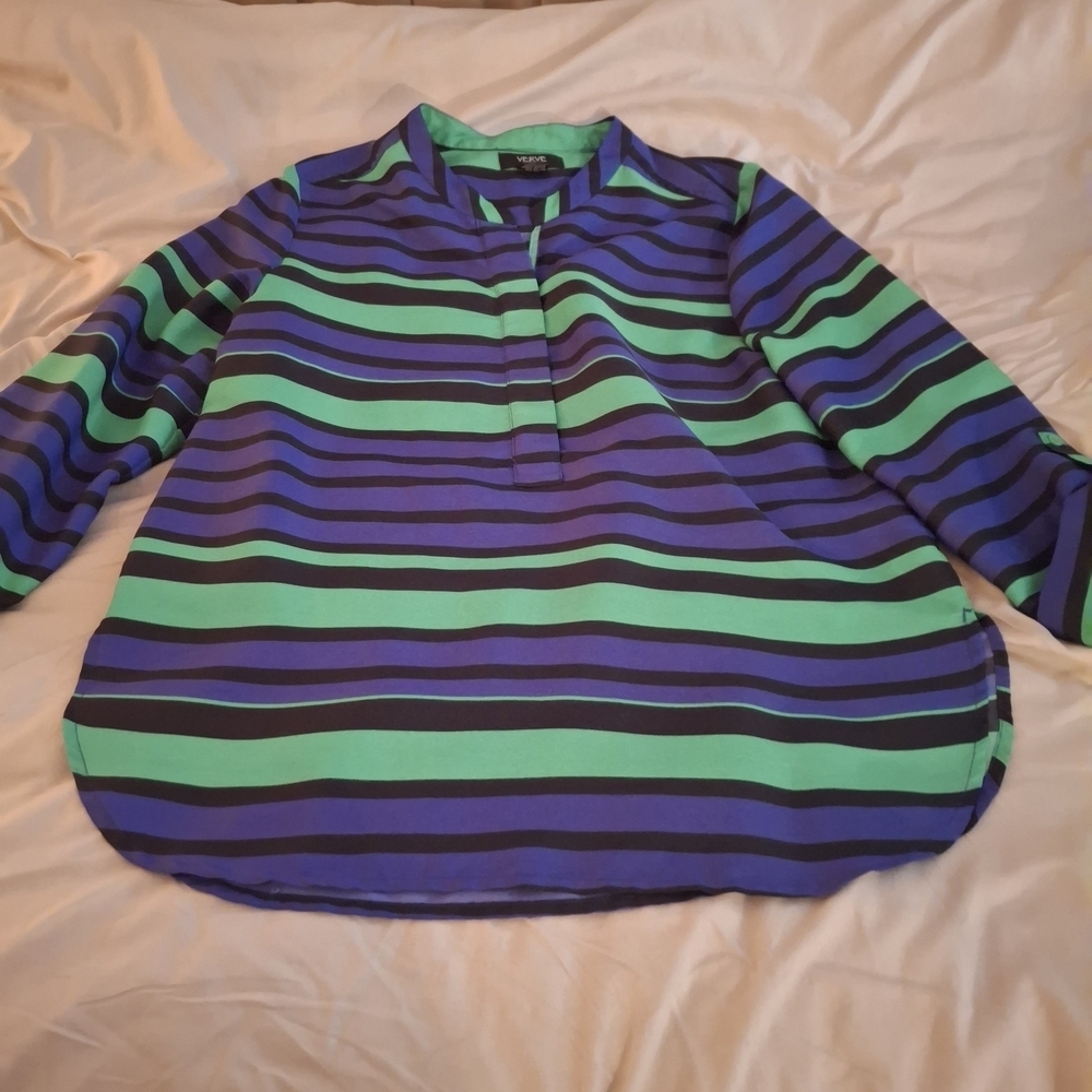 Verve Ami Women's Blue and Green Striped 3/4 Sleeve Blouse - Picture 3 of 7